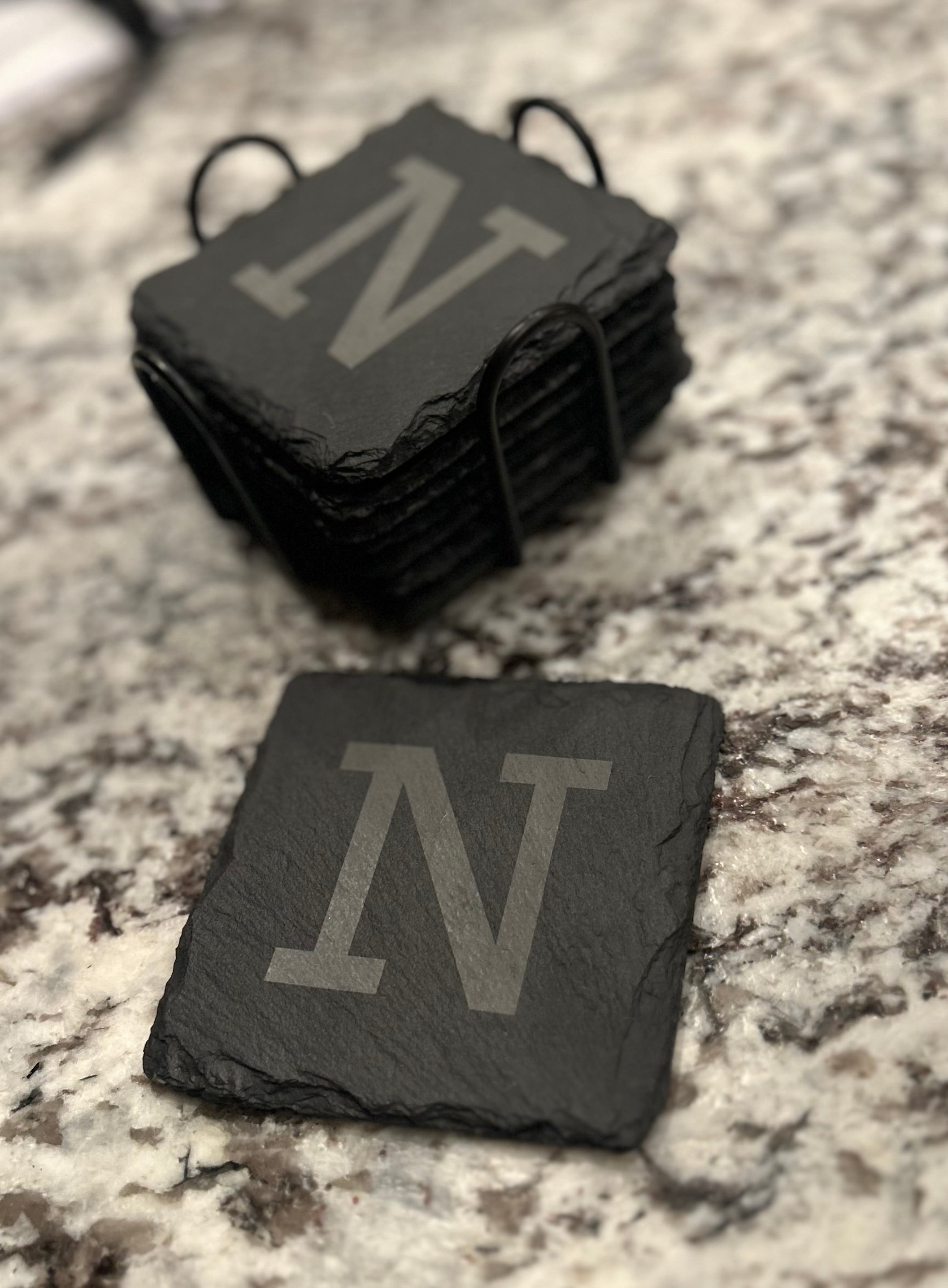 Personalized 4x4" Slate Coasters – Set of 8 with Custom Laser-Engraved Initial