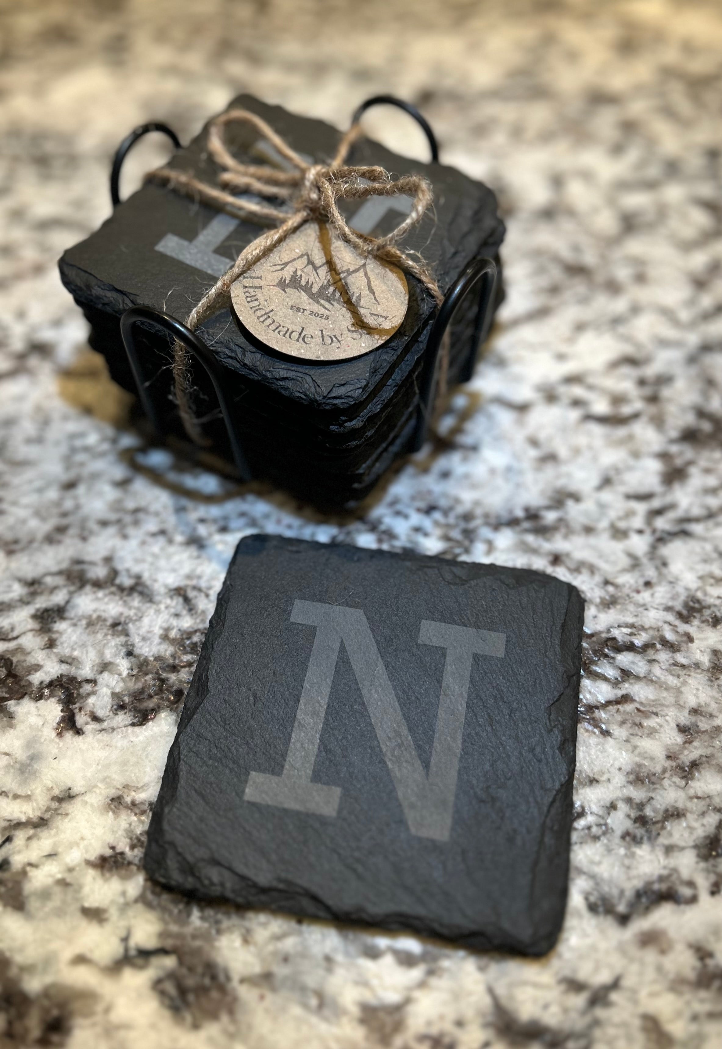 Personalized 4x4" Slate Coasters – Set of 8 with Custom Laser-Engraved Initial